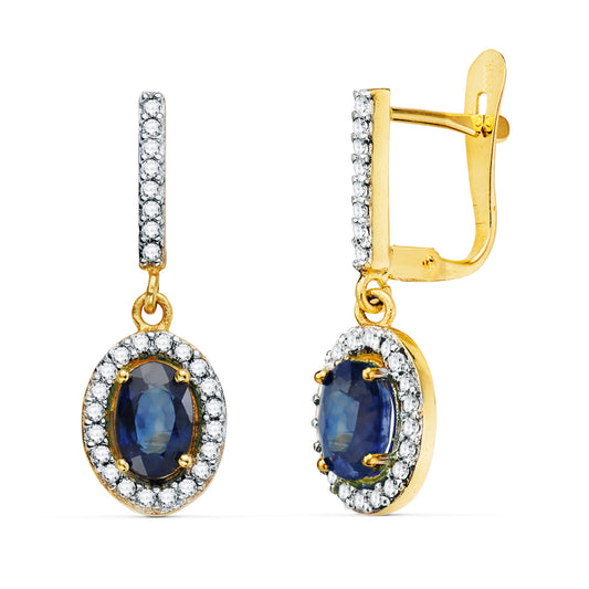 Pendientes Bicolor Dos Cuerpos Zafiro Azul 6 x 4 mm y Circonitas. 22 x 8 mm 18K