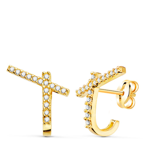 Pendientes Bandas con Circonita 14 x 12 mm presión de oro amarillo 18K