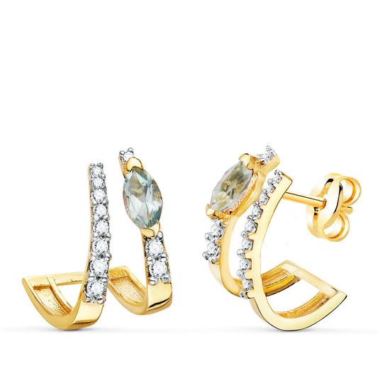 Pendientes Bandas con Circonita y Topacio Azul 15 x 11 mm presión de oro amarillo 18K