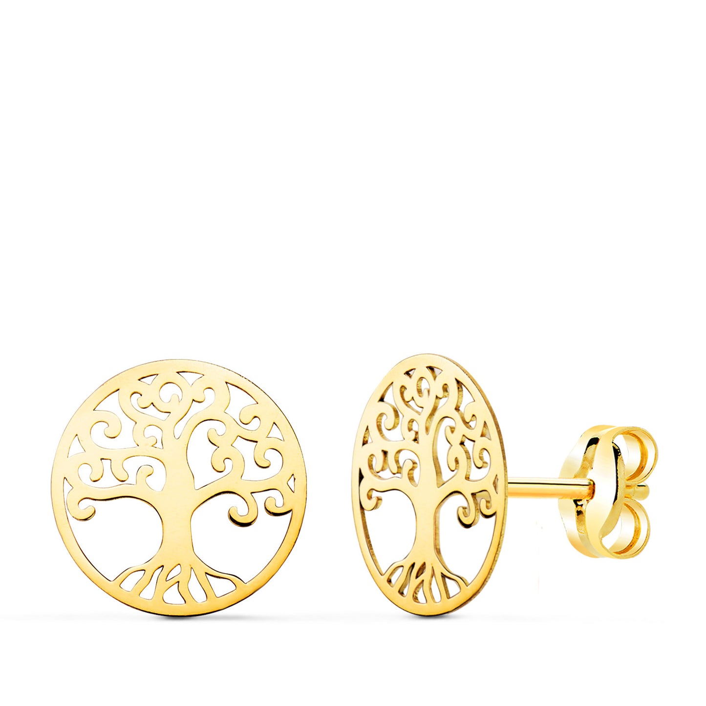 18K PENDIENTES ORO AMARILLO ARBOL DE LA VIDA EN BRILLO CALADOS 10 MM. CIERRE PRESION
