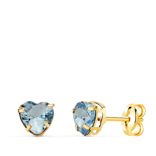 18K PENDIENTES ORO AMARILLO CORAZON PIEDRA AGUAMARINA 5 X 5 MM. CIERRE PRESION