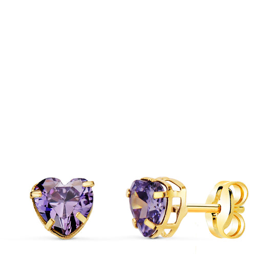 18K PENDIENTES ORO AMARILLO CORAZON PIEDRA COLOR AMATISTA 5 X 5 MM. CIERRE PRESION