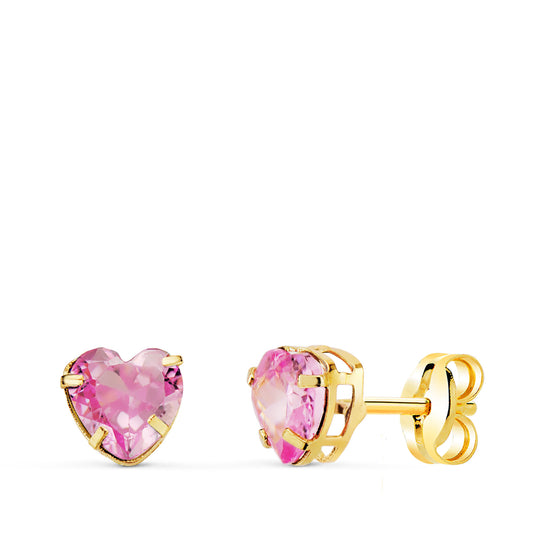 18K PENDIENTES ORO AMARILLO CORAZON PIEDRA COLOR ROSA 5 X 5 MM. CIERRE PRESION
