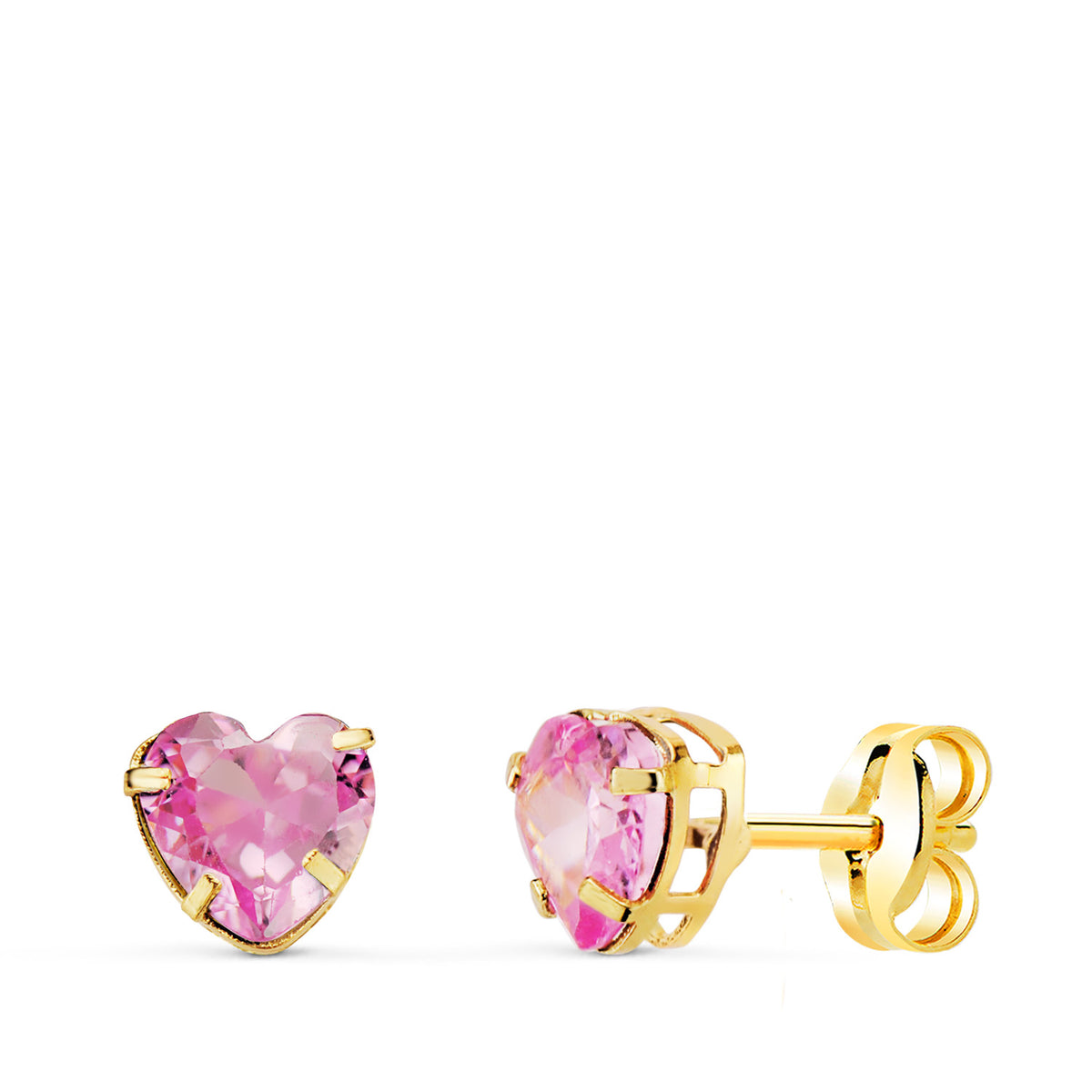 Pendientes Corazon con Circonita Rosa. Medida: 5 x 5 mm. de oro amarillo 18K