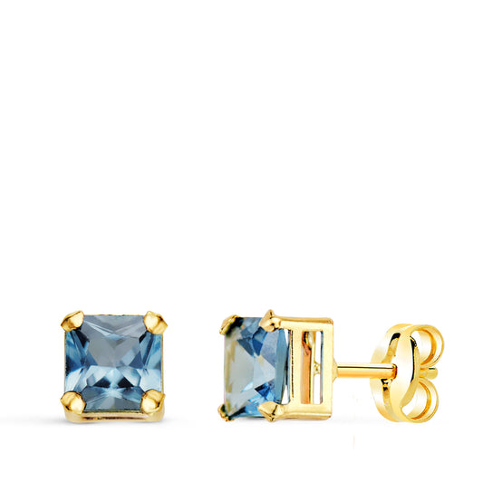 Pendientes Cuadrados Piedra Color Aguamarina 5,5 x 5,5 mm. de oro amarillo 18K
