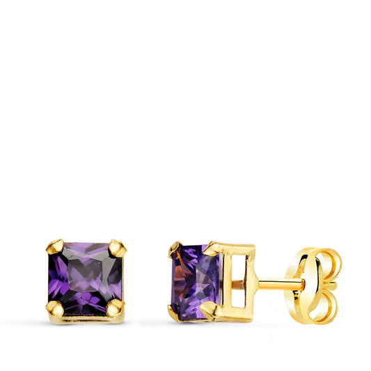 Pendientes Cuadrados Piedra Color Amatista 5,5 x 5,5 mm. de oro amarillo 18K