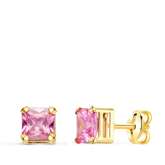 Pendientes Cuadrados Piedra Color Rosa 5,5 x 5,5 mm. de oro amarillo 18K