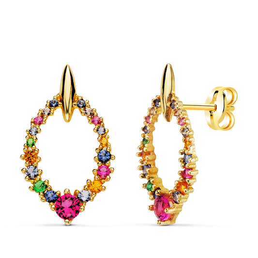 Pendientes Ovales con Circonita Multicolor Redondas 19 x 11 mm. de oro amarillo 18K