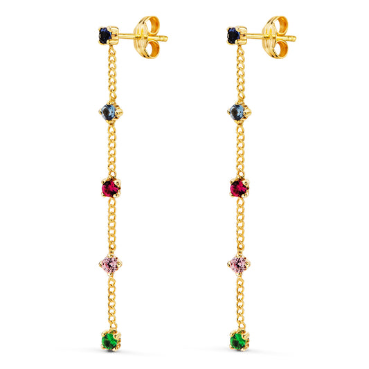 Pendientes Largos con Cadena y Circonita Colores 39 mm. de oro amarillo 18K