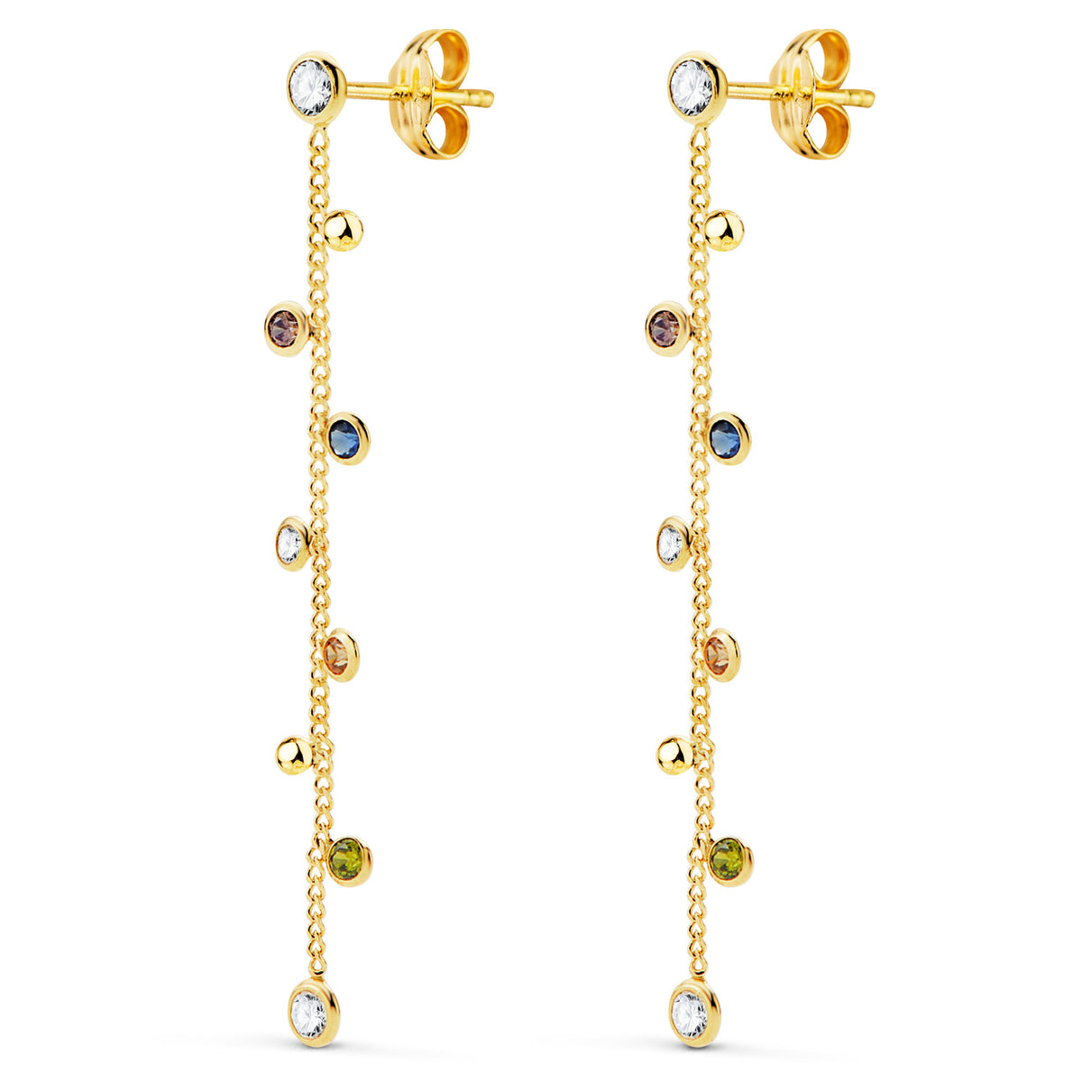 Pendientes Largos con Cadena y Circonita Colores 45 mm. de oro amarillo 18K
