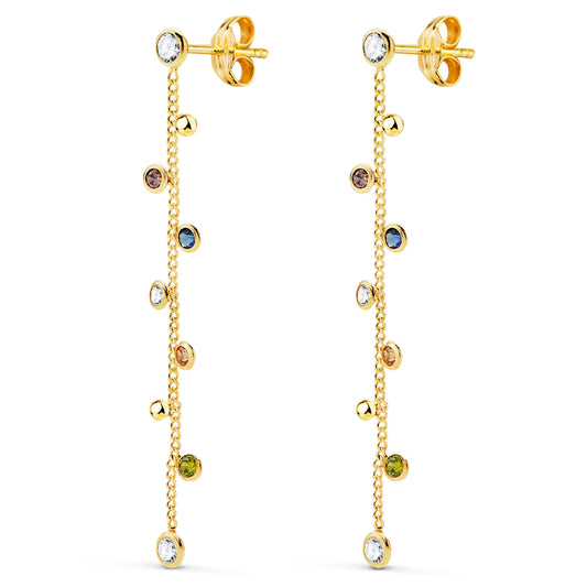 Pendientes Largos con Cadena y Circonita Colores 45 mm. de oro amarillo 18K