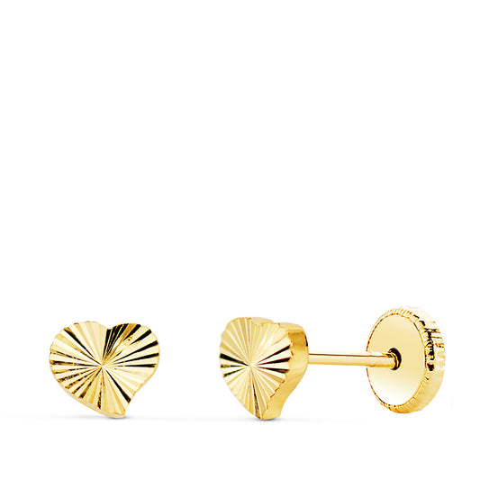 Pendientes Corazon Tallado. 5 x 4 mm Cierre Tuerca de oro amarillo 18K