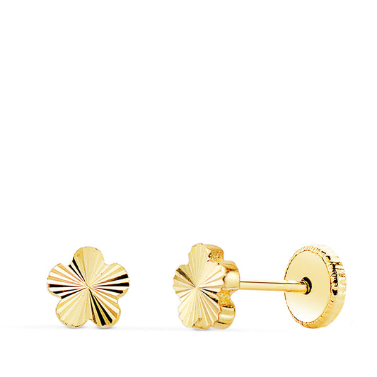 18K PENDIENTES ORO AMARILLO FLOR 5 PETALOS TALLADOS. 5 X 5 MM CIERRE TUERCA