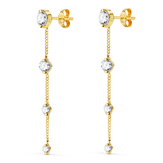 Pendientes Largos con Cadena y Circonita 46 mm. Cierre presiónç de oro amarillo 18K