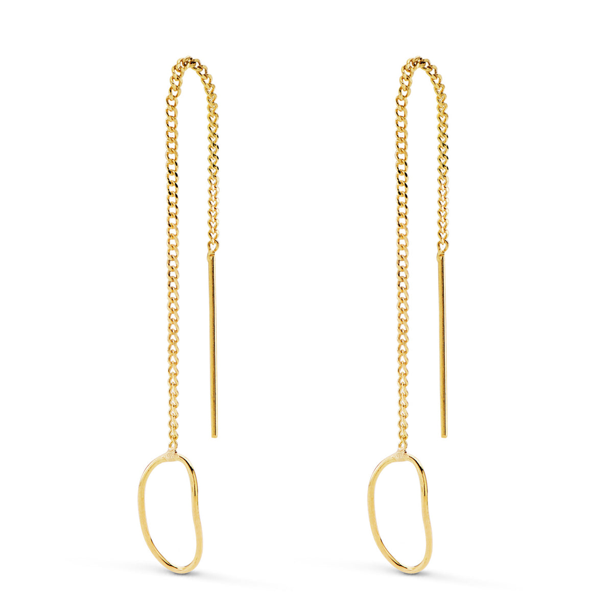 Pendientes Largos con Cadena y Motivo Oval. Largo 76 mm de oro amarillo 18K