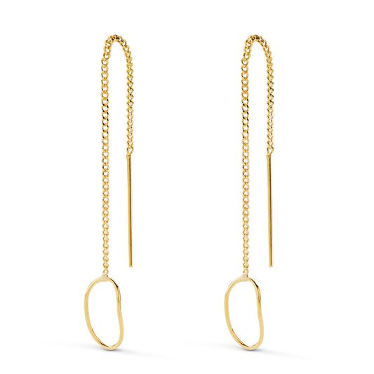 Pendientes Largos con Cadena y Motivo Oval. Largo 76 mm de oro amarillo 18K