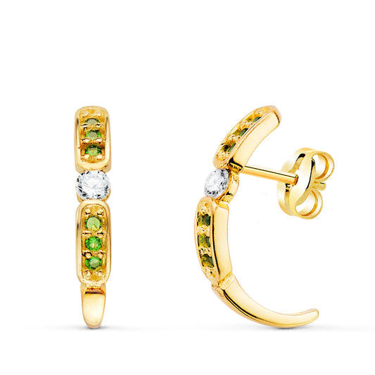Pendientes Medio Aro Abierto con Circontias Verdes 16 x 3 mm. de oro amarillo 18K