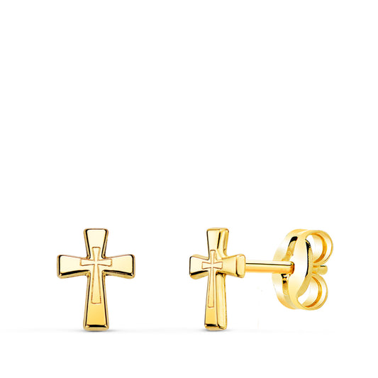Pendientes Cruz en Brillo 6 x 4,5 mm. de oro amarillo 18K