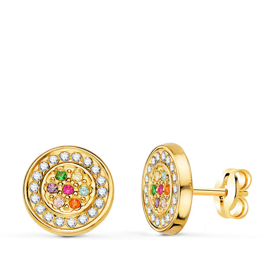 Pendientes Redondos con Circonita Multicolor 9 mm. de oro amarillo 18K