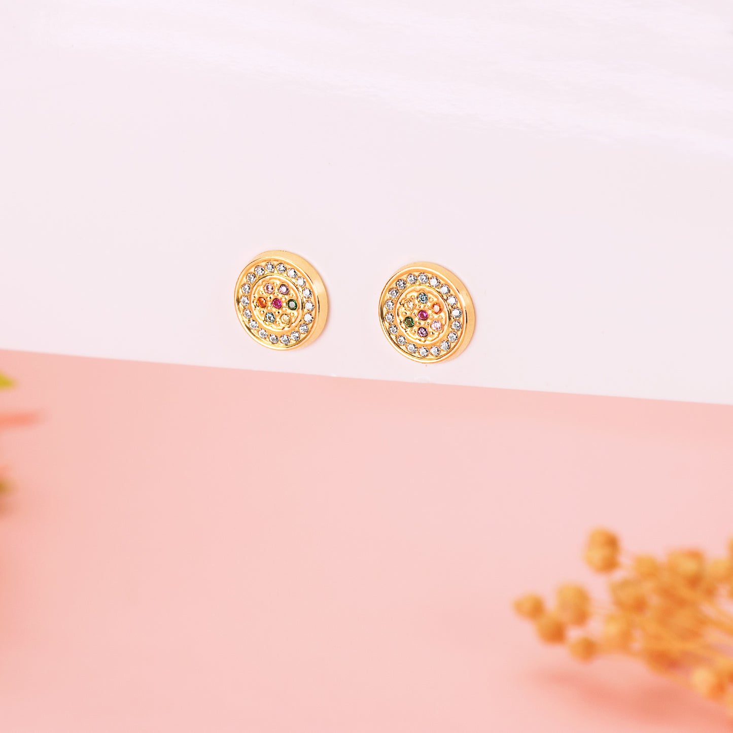 18K PENDIENTES ORO AMARILLO REDONDOS CON CIRCONITA MULTICOLOR 9 MM. CIERRE PRESION