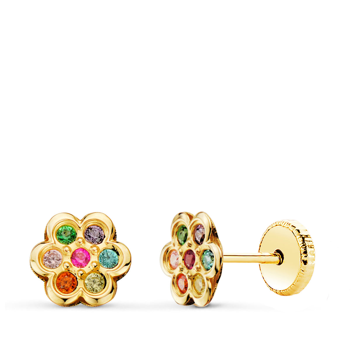 Pendientes Flor con Circonita Colores 6 x 6 mm Cierre Tuerca de oro amarillo 18K