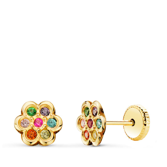 18K PENDIENTES ORO AMARILLO FLOR CON CIRCONITA COLORES 6X6 MM CIERRE TUERCA