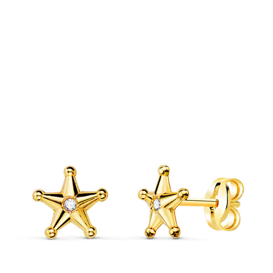 Pendientes Estrella Sheriff con Bolitas y Circonitas. 7 x 7 mm de oro amarillo 18K