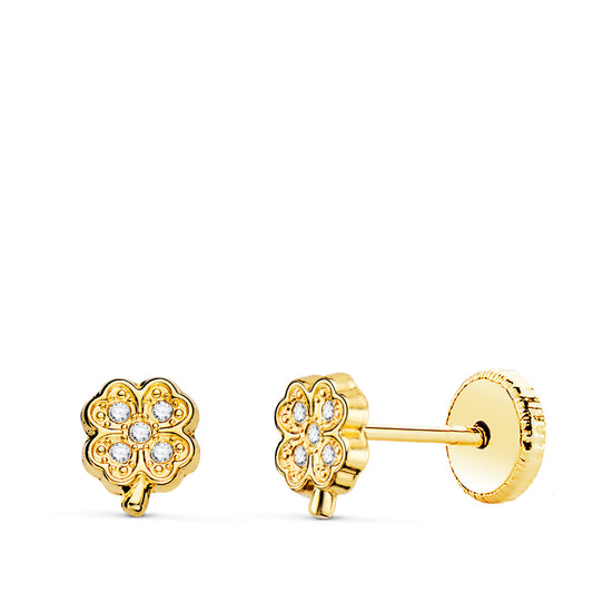 Pendientes Cuatrebol con Circonitas. 5,5 x 4,5 mm Cierre Tuerca de oro amarillo 18K