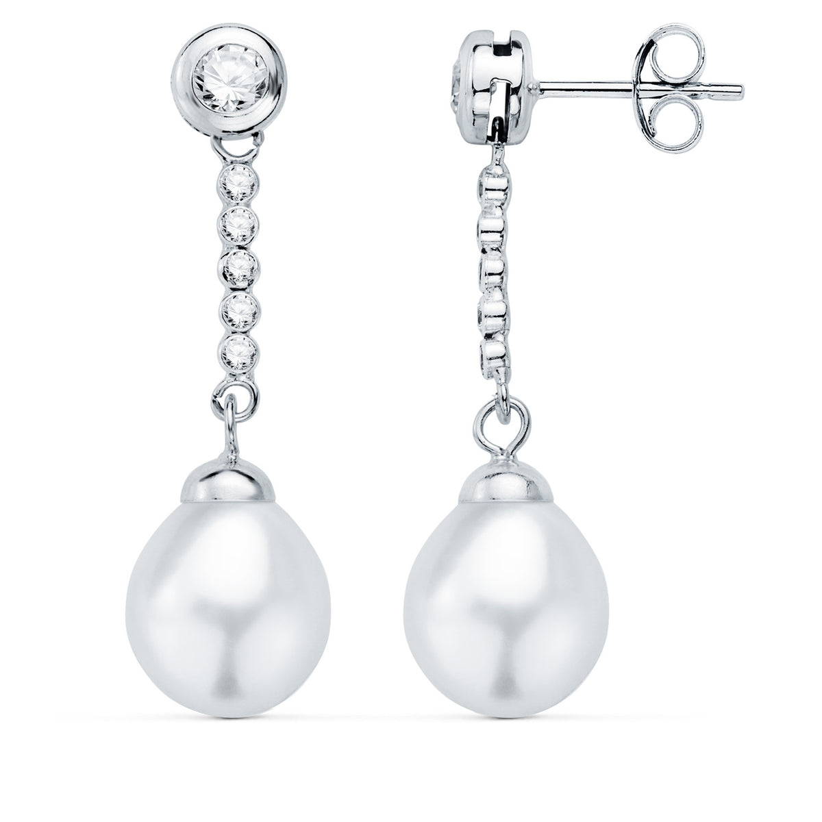 Pendientes Perla y Chaton con Circonita 30 x 8 mm presión de oro blanco 18K