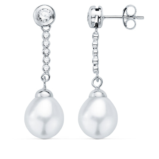 Pendientes Perla y Chaton con Circonita 30 x 8 mm presión de oro blanco 18K