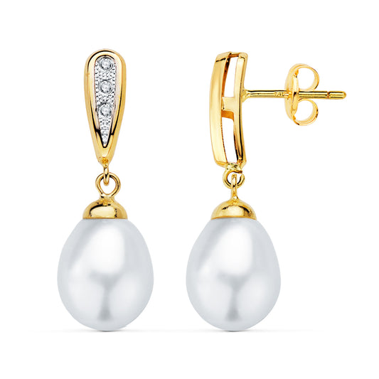 Pendientes Bicolor Dos Cuerpos con Perlas y Circonita 25 x 9 mm presión 18K