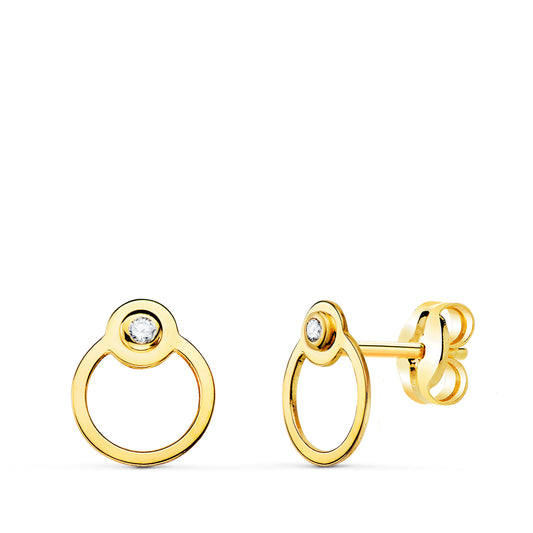 Pendientes Redondos con Circulo y Circonita. de oro amarillo 18K