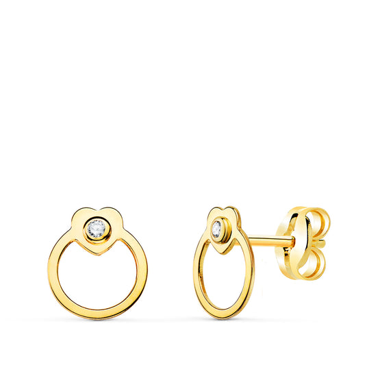 Pendientes Redondos con Corazon y Circonita. de oro amarillo 18K