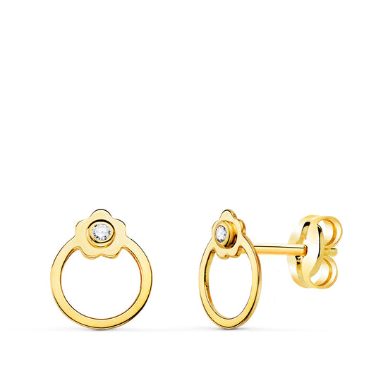 Pendientes Redondos con Flor y Circonita. de oro amarillo 18K
