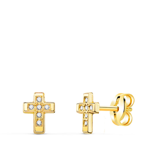 Pendientes Cruz con Circonita 6,5 x 5 mm de oro amarillo 18K