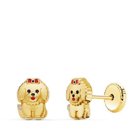 Pendientes Perro Matizado Detalles Esmaltados Cierre Tuerca 6 x 5 mm de oro amarillo 18K