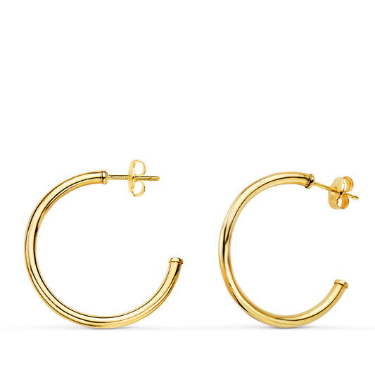 18K AROS ORO AMARILLO ABIERTOS TUBO REDONDO 25 X 2MM. CIERRE PRESION