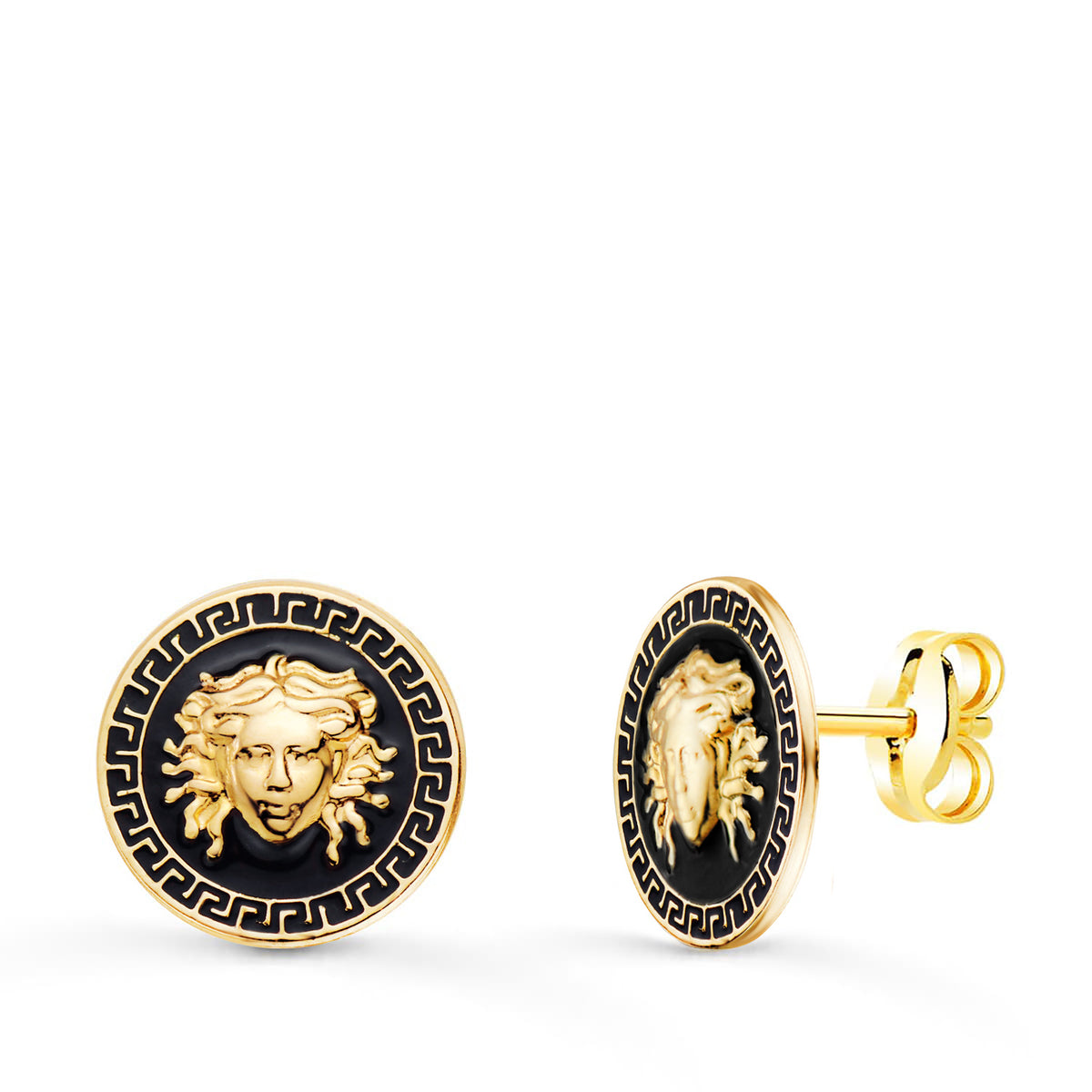Pendientes Medusa y Borde de Greca Esmalte Negro. Ancho: 12 mm. de oro amarillo 18K