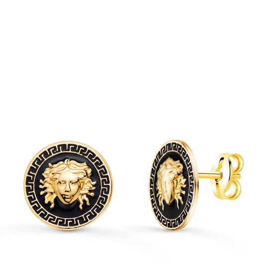 Pendientes Medusa y Borde de Greca Esmalte Negro. Ancho: 12 mm. de oro amarillo 18K