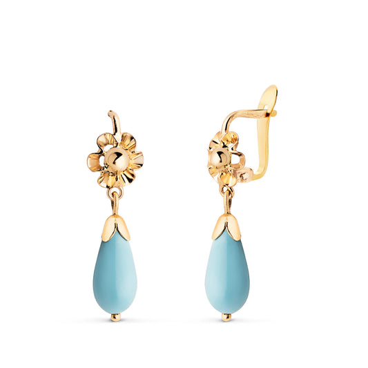 Pendientes Cubanas Lagrima Turquesa. Medida: 22 x 6,5 mm. de oro amarillo 18K
