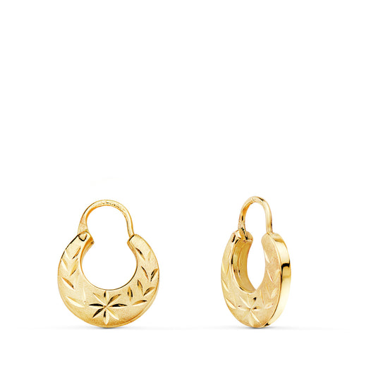 Pendientes Aros Criolla Huecos Tallados. Ancho: 11 mm. Grosor: 2 mm de oro amarillo 18K
