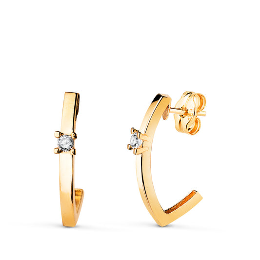 Pendientes Medio Aro Liso Banda Circonita 16 x 3 mm de oro amarillo 18K