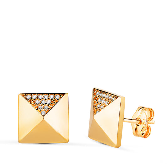 Pendientes Cuadrados Pico con Circonitas en Brillo. Medida: 10 x 10 mm. de oro amarillo 18K