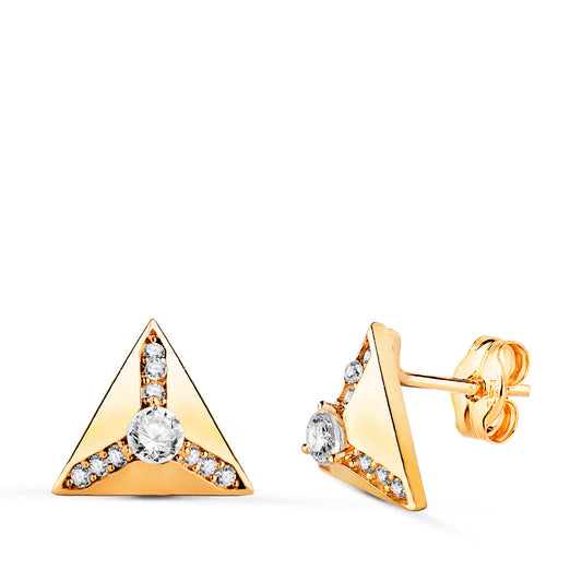 Pendientes Triangulo Piramide con Circonitas en Brillo. Medida: 10 x 10 mm.cierr presión de oro amarillo 18K