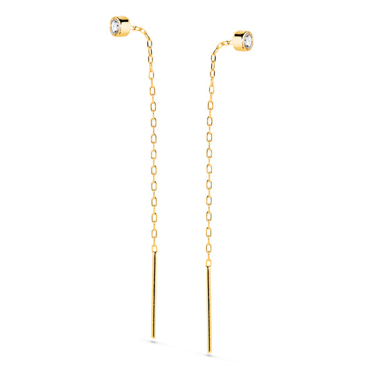 Pendientes con Circonita Chaton 3 mm y Cadena. Largo: 55 mm de oro amarillo 18K