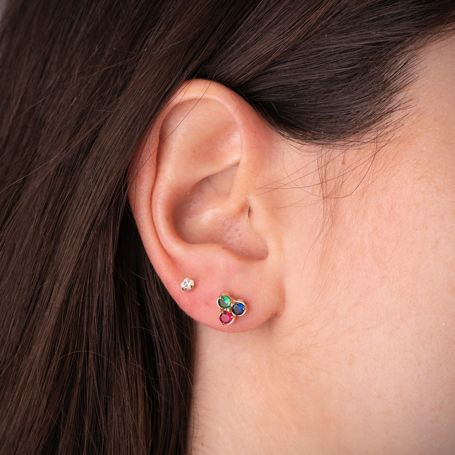 18K PENDIENTES ORO AMARILLO TREBOL PIEDRAS COLORES 7 X 6,5 MM CIERRE PRESION