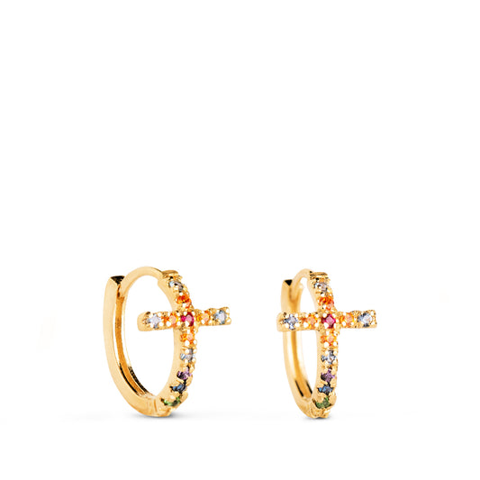 Aros Cruz con Circonitas Colores. Medida: 11 x 7 mm. Cierre de Clip de oro amarillo 18K