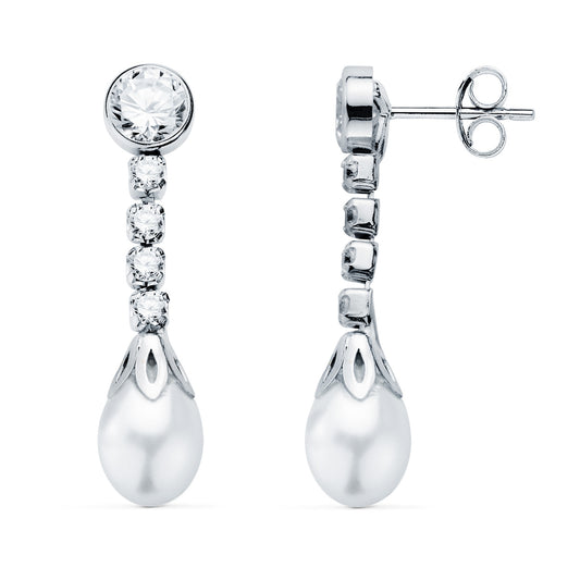 Pendientes Perla y Chaton con Circonita 27 x 6,5 mm. de oro blanco 18K