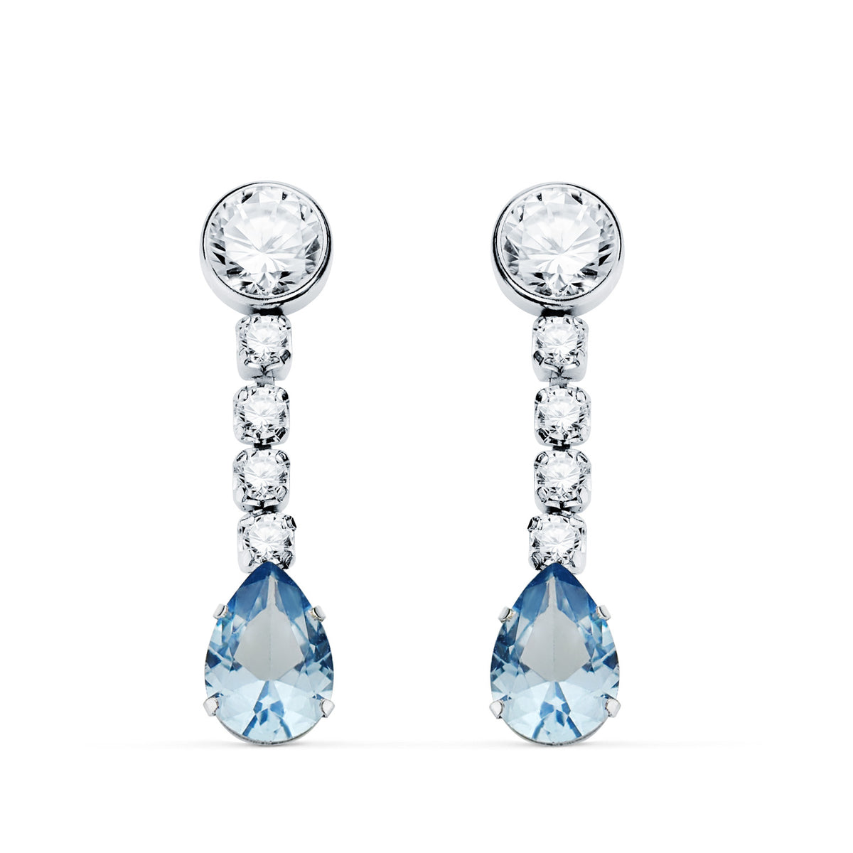 Pendientes Agua Marina en Forma de Gota y Circonitas. 22 x 5 mm. de oro blanco 18K