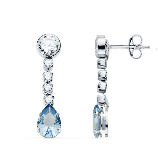 Pendientes Agua Marina en Forma de Gota y Circonitas. 22 x 5 mm. de oro blanco 18K
